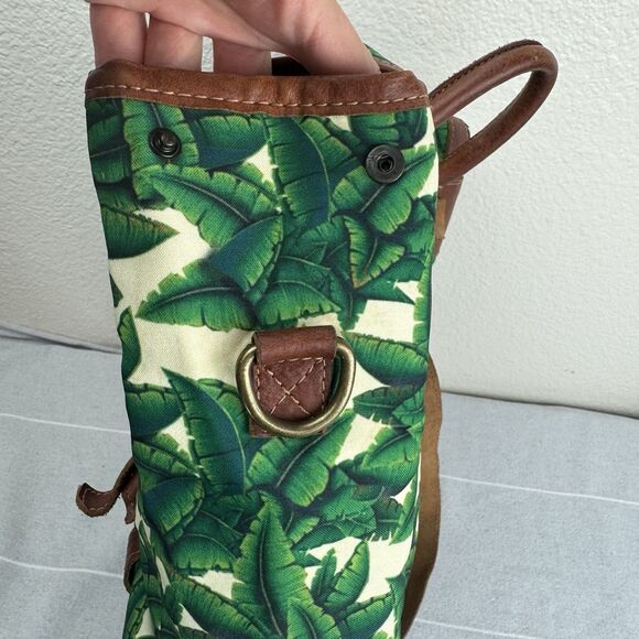 Tropical Banana Palm Leaf Canvas Leather Safari Backpack Bag Medium Green Brown main image 11